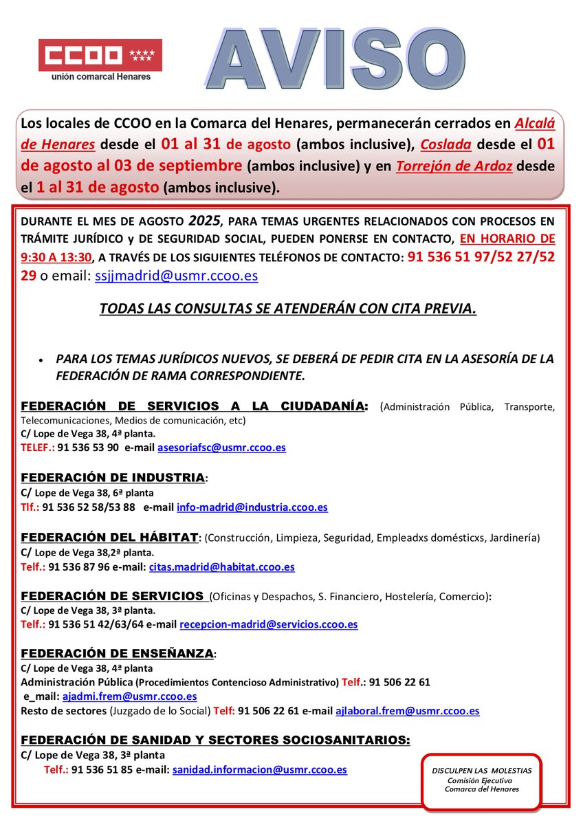 CCOO Henares (@ccoohenares) on Twitter photo 🏖️ Cerramos nuestros locales en el Corredor del Henares por vacaciones durante el mes de agosto.
👉 Si tienes cualquier problema laboral seguimos de guardia en todas las federaciones de rama de <a href="/CCOOMadrid/">CCOO de Madrid</a>. 🏖️ Cerramos nuestros locales en el Corredor del Henares por vacaciones durante el mes de agosto.
👉 Si tienes cualquier problema laboral seguimos de guardia en todas las federaciones de rama de <a href="/CCOOMadrid/">CCOO de Madrid</a>.