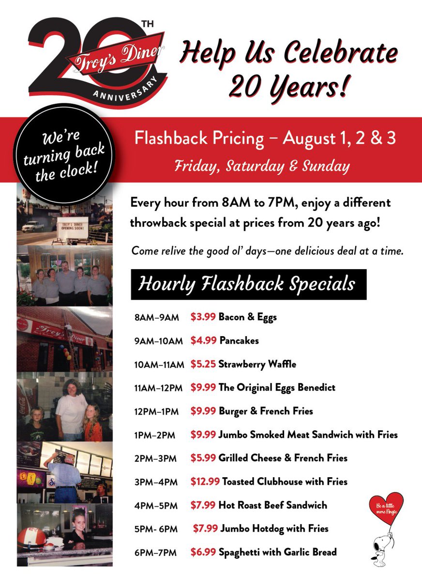 🚨 FLASHBACK ALERT! 🚨 Hurry in this weekend, we're turning back the clock for our 20th Anniversary! Join us Friday, Saturday &amp; Sunday (Aug 1, 2, 3) for our special Flashback Pricing menu with delicious deals from 20 years ago. You won't want to miss these prices!
