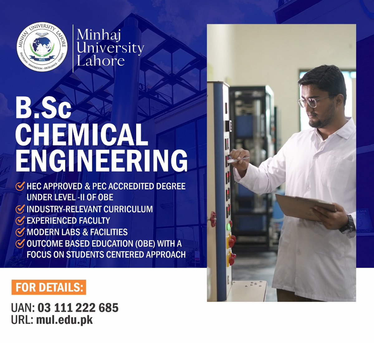 OfficialMUL's tweet photo. https://t.co/spckR698sF Chemical Engineering - Admissions Open!
Minhaj University Lahore, State‑of‑the‑art labs, expert faculty & student‑centered, outcome‑based education!
Apply Online: https://t.co/wgIpO20Ku6
Call: 03 111 222 685
#ChemicalEngineer #Admissions #Engineering https://t.co/GByASMZ5zb