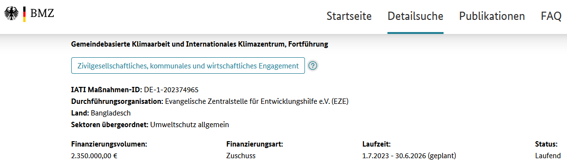 Die Bürger sollen erfahren, wo unser Steuergeld bleibt.☝️

2.350.000 Euro gibt die Bundesregierung für das Projekt "Gemeindebasierte Klimaarbeit und Internationales Klimazentrum" in Bangladesch aus.

Aus der Maßnahmenbeschreibung: "Projekt zur Steigerung der Klimaresilienz in