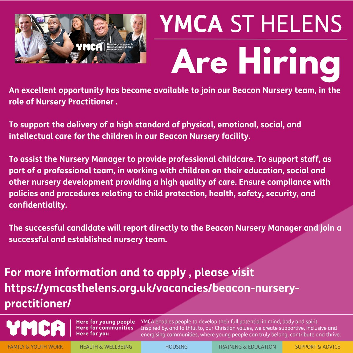 We are recruiting for a level three Nursery Practitioner in our Beacon Nursery. working with children from 0-5 years 
For more information and to apply , please visit 
ymcasthelens.org.uk/vacancies/beac…
#sthelensjobs#mersysidejobs#childcare#sthelenschildcare#liverpoolchildcare#childcare
