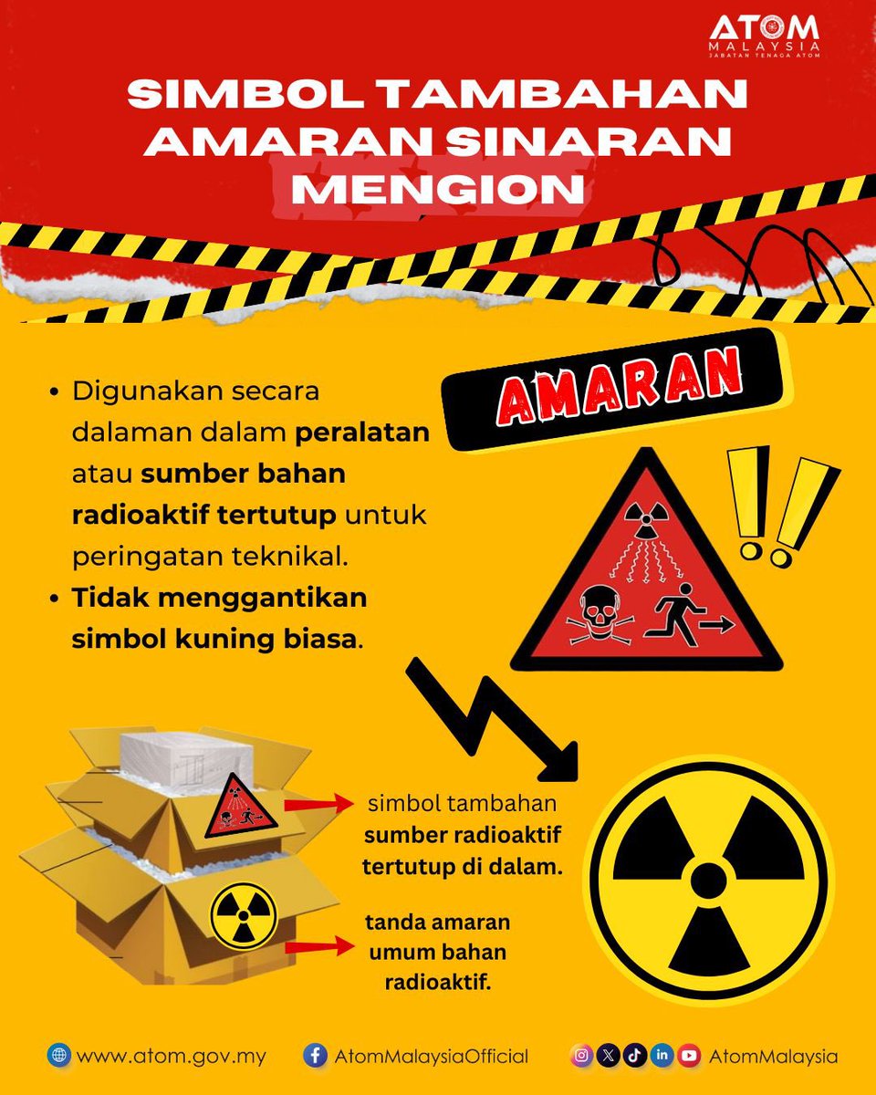 🚨 Pernah nampak simbol merah ni?
Ramai sangka ia ganti simbol kuning hitam (trefoil) tapi sebenarnya SALAH! 
🔴 Simbol merah ni cuma digunakan dalam peralatan yang ada sumber radioaktif tertutup.
☢️ Tapi simbol kuning hitam tetap wajib itu tanda amaran umum bahan radioaktif!
