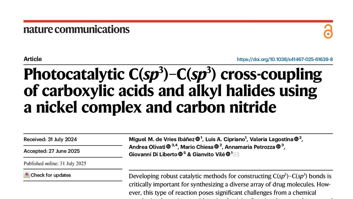 Gianvito Vilé (@vilegroup) on Twitter photo Proud to share our latest work published in <a href="/NatureComms/">Nature Communications</a>. We report a sustainable C(sp³)–C(sp³) cross-coupling method with carbon nitride and nickel, eliminating the need for rare and expensive Ir or Ru-based photocatalysts. 👏to Miguel and all coauthors!
nature.com/articles/s4146… Proud to share our latest work published in <a href="/NatureComms/">Nature Communications</a>. We report a sustainable C(sp³)–C(sp³) cross-coupling method with carbon nitride and nickel, eliminating the need for rare and expensive Ir or Ru-based photocatalysts. 👏to Miguel and all coauthors!
nature.com/articles/s4146…