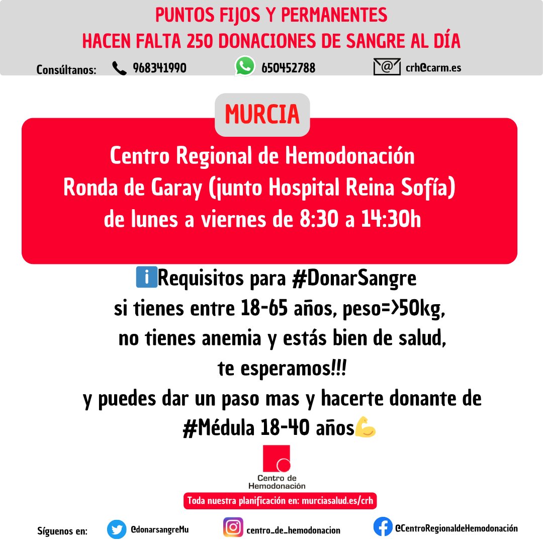 ℹ️Nuevos horarios en nuestros puntos de 𝐌𝐮𝐫𝐜𝐢𝐚 y 𝐂𝐚𝐫𝐭𝐚𝐠𝐞𝐧𝐚 para el mes de Agosto👇

#Murcia Centro de Hemodonación de 8.30 a 14.30h
#Cartagena 3 planta Amb. Rosell, miércoles 6, 13, 20 y 27 de 17 a 21h

Puede seguir nuestra planificación en👇murciasalud.es/web/centro-reg…