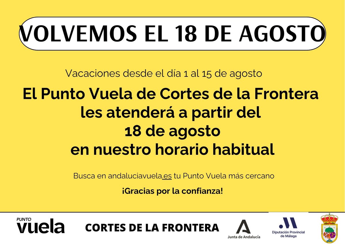 Punto Vuela Cortes de la Frontera (@pvuelacortesfra) on Twitter photo Nos tomamos unos días de descanso para recargar energías. Volvemos pronto. ¡Nos vemos a la vuelta! <a href="/Manuel_DT/">Manuel Rodríguez</a> #PuntosVuela Nos tomamos unos días de descanso para recargar energías. Volvemos pronto. ¡Nos vemos a la vuelta! <a href="/Manuel_DT/">Manuel Rodríguez</a> #PuntosVuela
