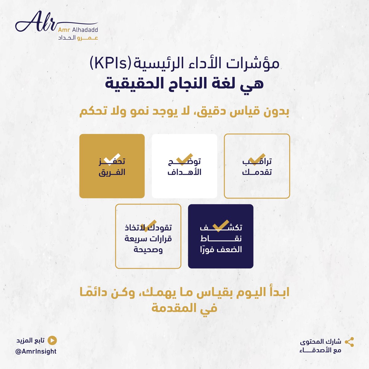 مالا يمكن قياسه لا يمكن إدارته،
لذلك لا يمكن تحقيق نمو حقيقي بدون قياس حقيقي.

"مؤشرات الأداء الرئيسية (KPIs)"
ليست مجرد أدوات رقمية،
بل هي لغة النجاح التي تُخبرك أين تقف،
وإلى أين تتجه،
وما الذي تحتاج تغييره للوصول إلى هدفك.
من دون قياس دقيق، لا توجد رؤية واضحة،
ومن دون رؤية، لا