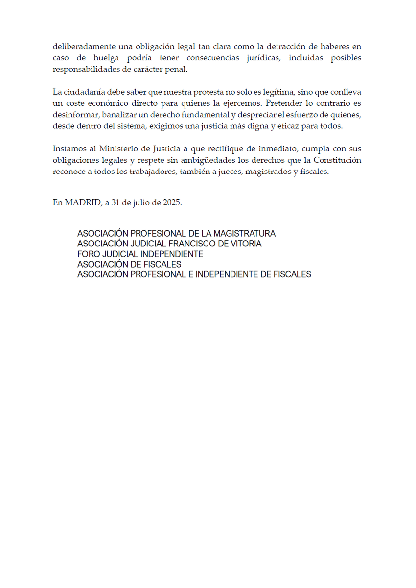 🔴Comunicado conjunto de la mayoría de asociaciones judiciales y fiscales, sobre la falta de detracción de haberes por parte del Ministerio de Justicia tras la huelga de jueces, magistrados y fiscales los días 1, 2 y 3 de julio #Justiciaenhuelga

👇Hilo [1/6]