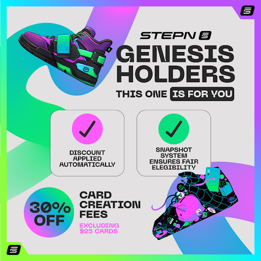 Genesis holders, this one’s for you 🦶

If you own a Genesis Sneaker from STEPN or STEPN GO, you now get 30% off most GMT Pay card fees.
🔹 Discount applied automatically
🔹 Snapshot system ensures fair eligibility
🔹 $25 cards are excluded from this offer

Try it now 👉
