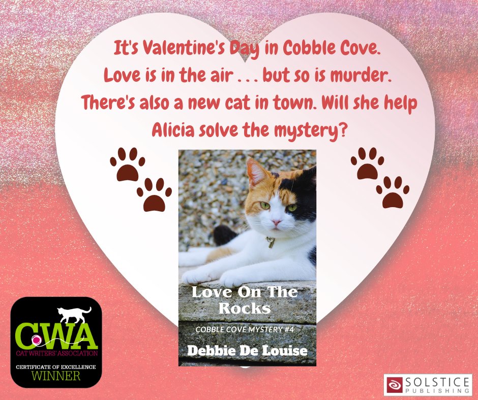 My Cobble Cove  cozy mystery, Love on the Rocks, mybook.to/cc4, introduces a calico cat named KittyKai who becomes Sneaky the Siamese's sleuthing partner and gal pal. The book earned a Certificate of Excellence from the Cat Writer's Association. <a href="/CatWriters/">Cat Writers' Assoc.</a>