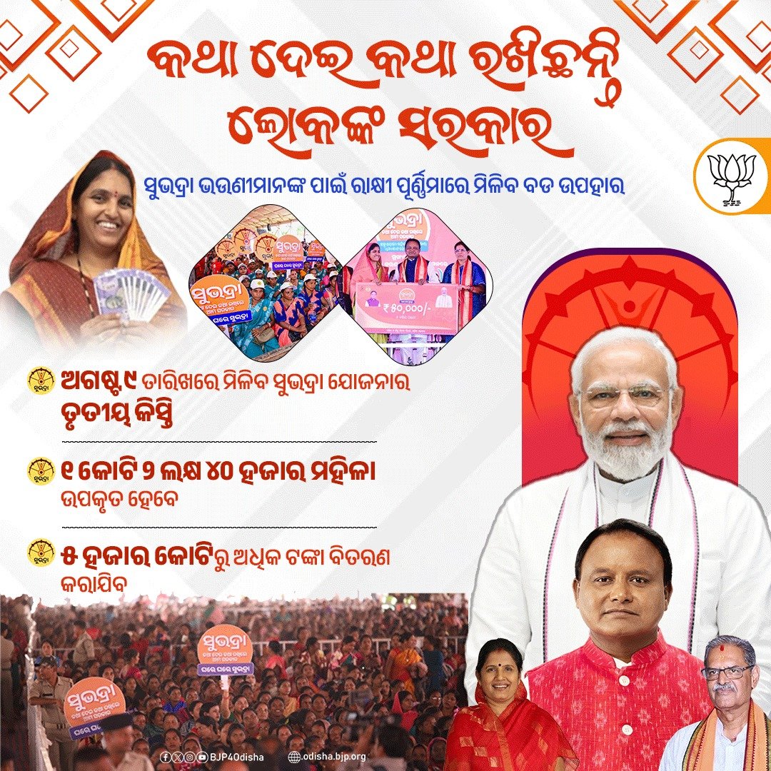 ୧ କୋଟି ୨ ଲକ୍ଷ ୪୦ ହଜାର ଭଉଣୀମାନଙ୍କୁ ରାକ୍ଷୀ ପୂର୍ଣ୍ଣିମାରେ #ସୁଭଦ୍ରା ଯୋଜନାର ତୃତୀୟ କିସ୍ତି ପ୍ରଦାନ କରିବେ ଲୋକଙ୍କ ସରକାର।