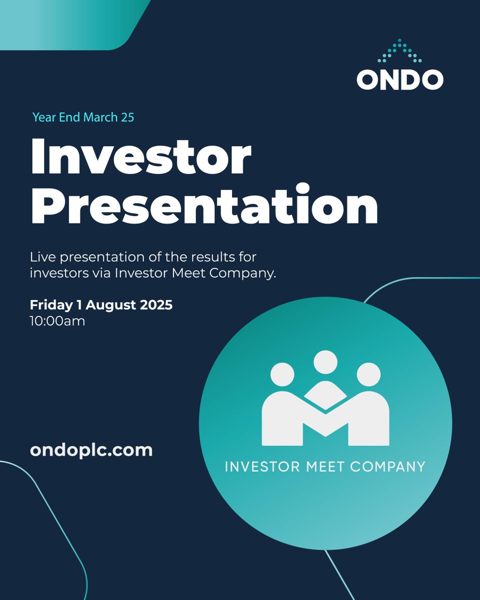 🚨 #ONDO Announcement 🚨

📣 Live Presentation this Friday, the 1st August at 10am

👤 Presented by our CEO, Craig Foster, and our CFO, Kevin Withington 

📩 Open to all existing and potential shareholders. 

Register your place here: investormeetcompany.com/ondo-insurtech…