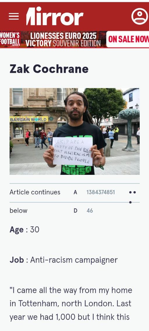 EPPING FAR LEFT ACTIVISTS UNMASKED: This is paid far left activist ZAK COCHRANE, he's linked to SUTR Harlow. He attended the counter protest in Epping which was against its locals for protesting a migrant child predator.