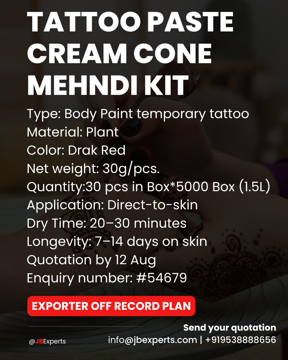 jb_experts's tweet image. 🌿 We’re sourcing reliable manufacturers or suppliers for Tattoo Paste Cream Cone Mehndi Kits! 🌿
If you can meet our specifications and supply in bulk, we want to hear from you!
📦 Ready for export
🟢 Plant-based, temporary tattoo
🔴 Drak Red color, fast dry, 7–14 days longevity…