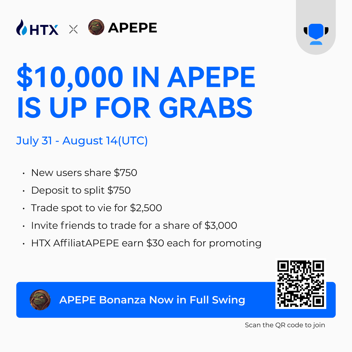 🔥APEPE Bonanza Goes Live! 
Total Prize Pool: $10,000 APEPE
Ends August 14th!
 
🚀New users share $750
🚀Deposit to split $750
🚀Trade spot to split $2,500
🚀Invite friends to trade, Share $3,000
🚀Affiliates earn $30 each , Promote NOw
 
<a href="/APEPE_MEME/">APEPE</a>

Scan the QR code to grab