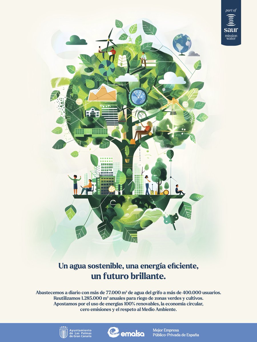 💦 Suministramos agua potable diariamente a más de 400.000 usuarios.
♻️ Apostamos por la energía 100% renovable, la #EconomíaCircular, cero emisiones y el respeto al #MedioAmbiente. Así hemos querido plasmarlo en el especial sobre sostenibilidad y #energía de <a href="/laprovincia_es/">La Provincia</a> 👇