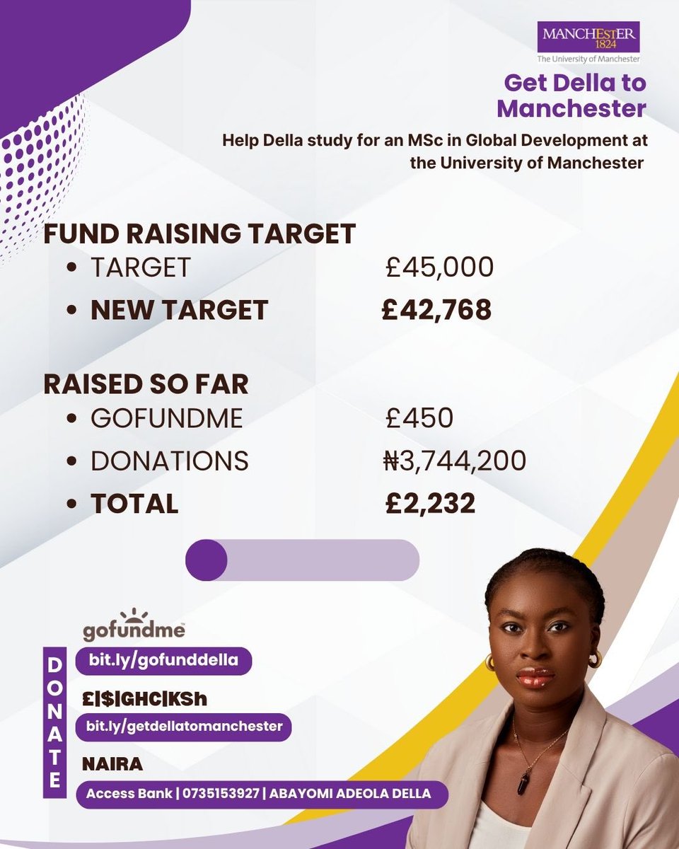 27 DAYS TO GO!!!🥺🚀

Kindly send your donations here⬇️:
Account Details:
Naira: Access Bank 0735153927 Abayomi Adeola Della
£|$|GHC|KSh: lnkd.in/dfe-BhRF
Go Fund Me: bit.ly/gofunddella