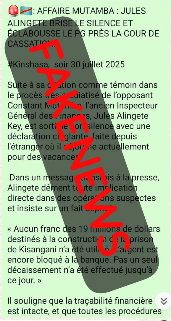 Chadrack musasa (@chadrack_m97259) on Twitter photo Urgent‼️: Halte à l’intox!
<a href="/ALINGETEJULES_K/">JULES ALINGETE KEY</a> n’a fait aucune déclaration sur l’affaire <a href="/ConstantMutamba/">Constant Mutamba</a>.
Il s’agit du Laboratoire des prédateurs financiers qui crée une diversion. Vigilance !
<a href="/Presidence_RDC/">Présidence RDC 🇨🇩</a>
<a href="/ALINGETEJULES_K/">JULES ALINGETE KEY</a>
<a href="/ConstantMutamba/">Constant Mutamba</a>
<a href="/Bisoterrain1/">Biso nde terrain Officiel</a> Urgent‼️: Halte à l’intox!
<a href="/ALINGETEJULES_K/">JULES ALINGETE KEY</a> n’a fait aucune déclaration sur l’affaire <a href="/ConstantMutamba/">Constant Mutamba</a>.
Il s’agit du Laboratoire des prédateurs financiers qui crée une diversion. Vigilance !
<a href="/Presidence_RDC/">Présidence RDC 🇨🇩</a>
<a href="/ALINGETEJULES_K/">JULES ALINGETE KEY</a>
<a href="/ConstantMutamba/">Constant Mutamba</a>
<a href="/Bisoterrain1/">Biso nde terrain Officiel</a>