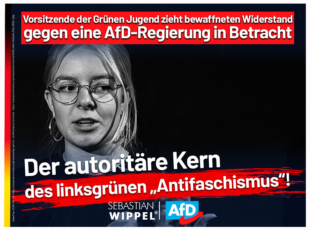 Vorsitzende der Grünen Jugend zieht bewaffneten Widerstand gegen eine AfD-Regierung in Betracht – Der autoritäre Kern des linksgrünen „Antifaschismus”!

Jette Nietzard – noch-Vorsitzende der Grünen Jugend – bringt in einem RBB-Podcast („Freitag Salon“) unverhohlen den Gedanken