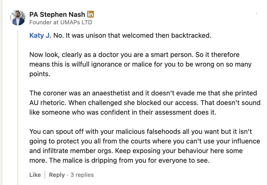 Mike (@mike88881221) on Twitter photo As the reaction from <a href="/UMAPsUK/">UMAPs.org.uk</a> to the Leng review becomes more hostile, their leader has accused Dr Karen Henderson, HM Assistant Coroner for Surrey, of printing "AU rhetoric" in a Regulation 28 Report following the death of Pamela Marking.
"AU" refers to <a href="/AnaesUnited/">Anaesthetists United</a> As the reaction from <a href="/UMAPsUK/">UMAPs.org.uk</a> to the Leng review becomes more hostile, their leader has accused Dr Karen Henderson, HM Assistant Coroner for Surrey, of printing "AU rhetoric" in a Regulation 28 Report following the death of Pamela Marking.
"AU" refers to <a href="/AnaesUnited/">Anaesthetists United</a>