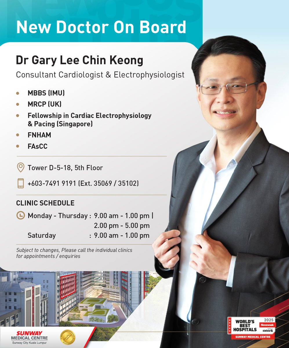 SunwayMedical's tweet photo. Meet the newest additions to our specialist team at Sunway Medical Centre, Sunway City!

✅Dr Gary Lee Chin Keong: https://t.co/w5x7BdTb3n
✅Dr Fazilawati Binti A Qamarruddin: https://t.co/dqnPnWzJRv https://t.co/NhPcEKkv5Y