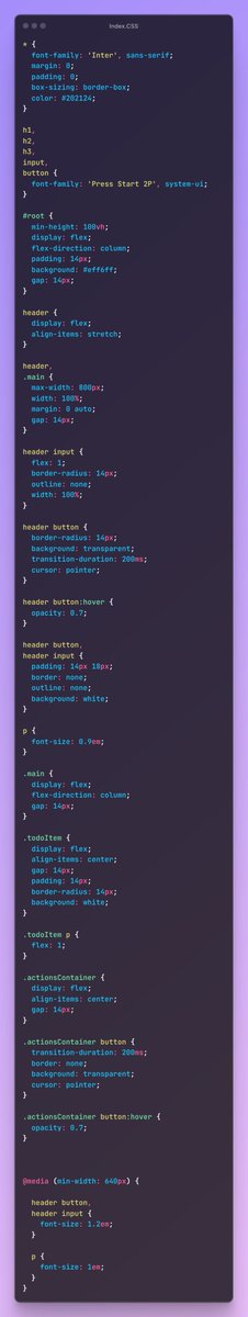 SyntaxTiwari's tweet image. ✅ Built a minimalistic To-Do List with React – because productivity starts with clean code🎯 Track your tasks with style! React-powered To-Do List done right , this is the [Index.CSS and Index.HTML]💻⚡

#ReactDeveloper #100DaysOfCode #ReactJS #ReactLearning #WebDevelopment