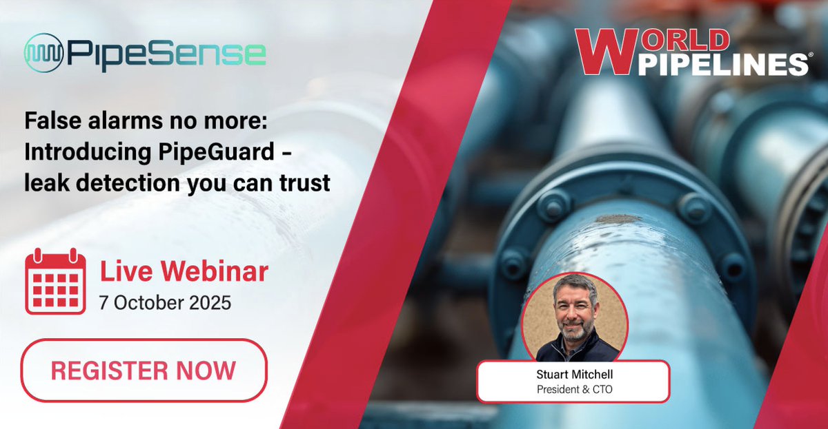 WorldPipelines (@worldpipelines) on Twitter photo Join us on Tuesday, 7 October 2025, 15:00 UTC, as we host an exclusive free webinar featuring industry expert Stuart Mitchell, President & CTO, from PipeSense.
This webinar will showcase how PipeGuard is already transforming pipeline operations across North America. We’ll walk Join us on Tuesday, 7 October 2025, 15:00 UTC, as we host an exclusive free webinar featuring industry expert Stuart Mitchell, President & CTO, from PipeSense.
This webinar will showcase how PipeGuard is already transforming pipeline operations across North America. We’ll walk