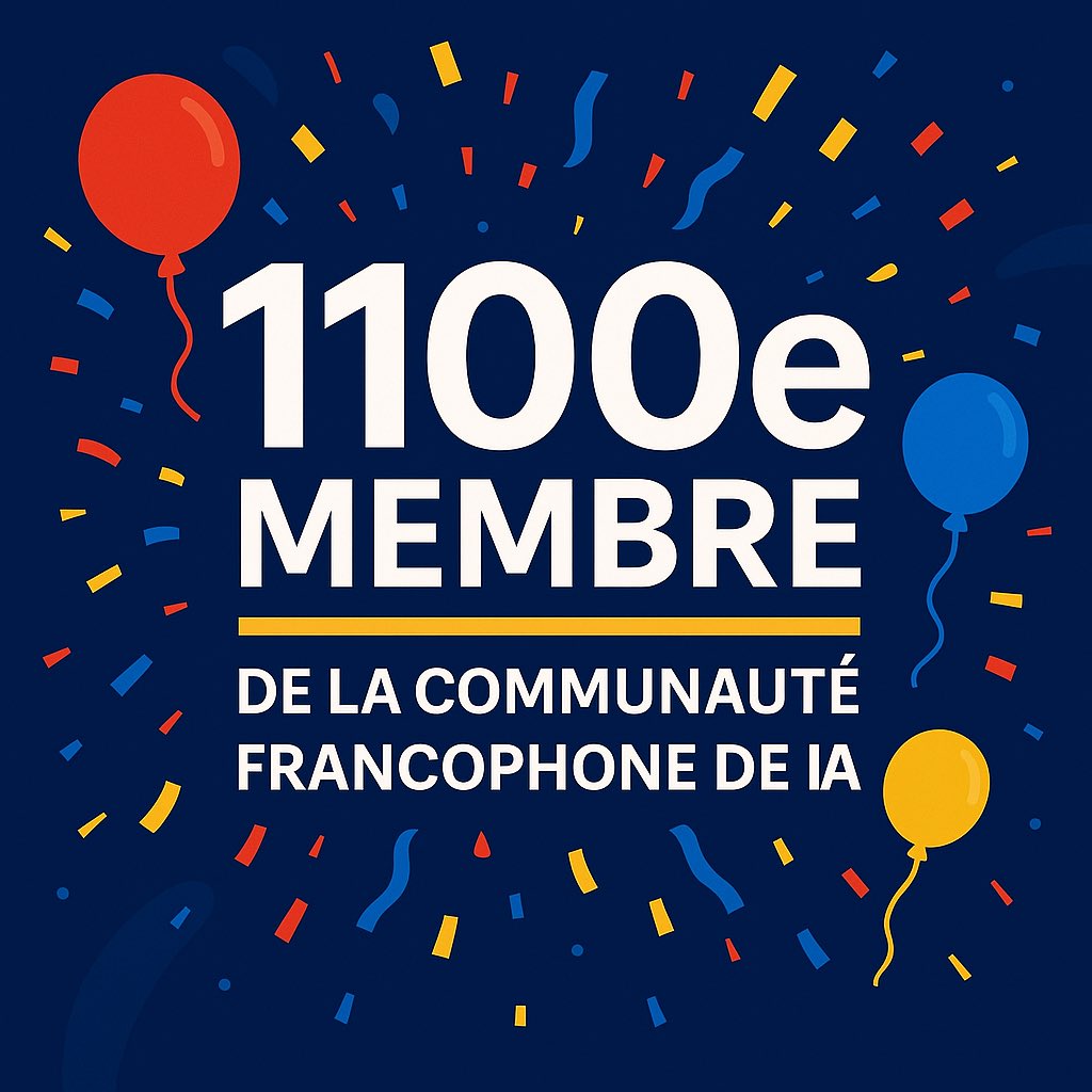 🎉 Nous sommes plus de 1100 membres ici pour faire de la veille sur l’IA, partager des outils, des usages, etc. 
La communauté grandit assez vite et c’est top ! Merci à toutes et tous 🙏
