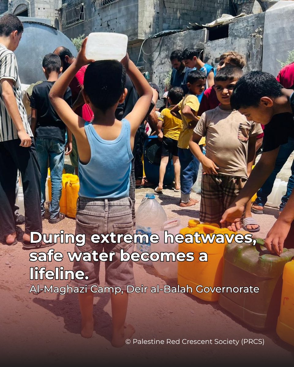 In Al-Maghazi Camp, children wait in line for safe water, barefoot under intense heat and surrounded by the remnants of destruction.

With extreme temperatures worsening across Gaza, the lack of clean water increases health risks and deepens humanitarian needs.

Access to safe