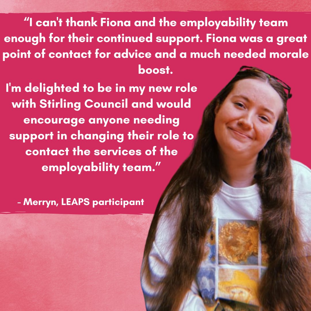 Congrats to our LEAPS participant Merryn, who has has moved into employment with Stirling Council's HR team!

Read about how our team has helped her below: 👇👇

#stirling #adultlearning #SupportIntoWork #JobSuccess