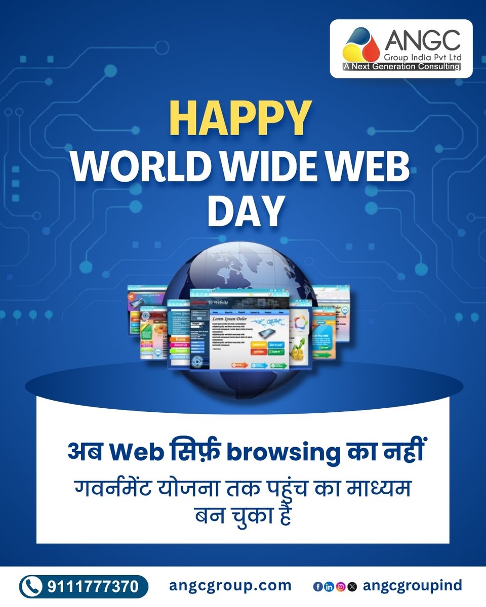 angcgroupind's tweet image. 🌐 World Wide Web Day की शुभकामनाएं!
अब Web सिर्फ़ browsing का नहीं, बल्कि आपके हक की सरकारी योजनाओं तक पहुंच का सबसे आसान ज़रिया बन चुका है।
ANGC के साथ जुड़िए और योजनाओं की जानकारी पाएं कुछ ही क्लिक में।
📞 Contact us: 91117 77370
.
.
.
#WorldWideWebDay #ANGC #DigitalIndia