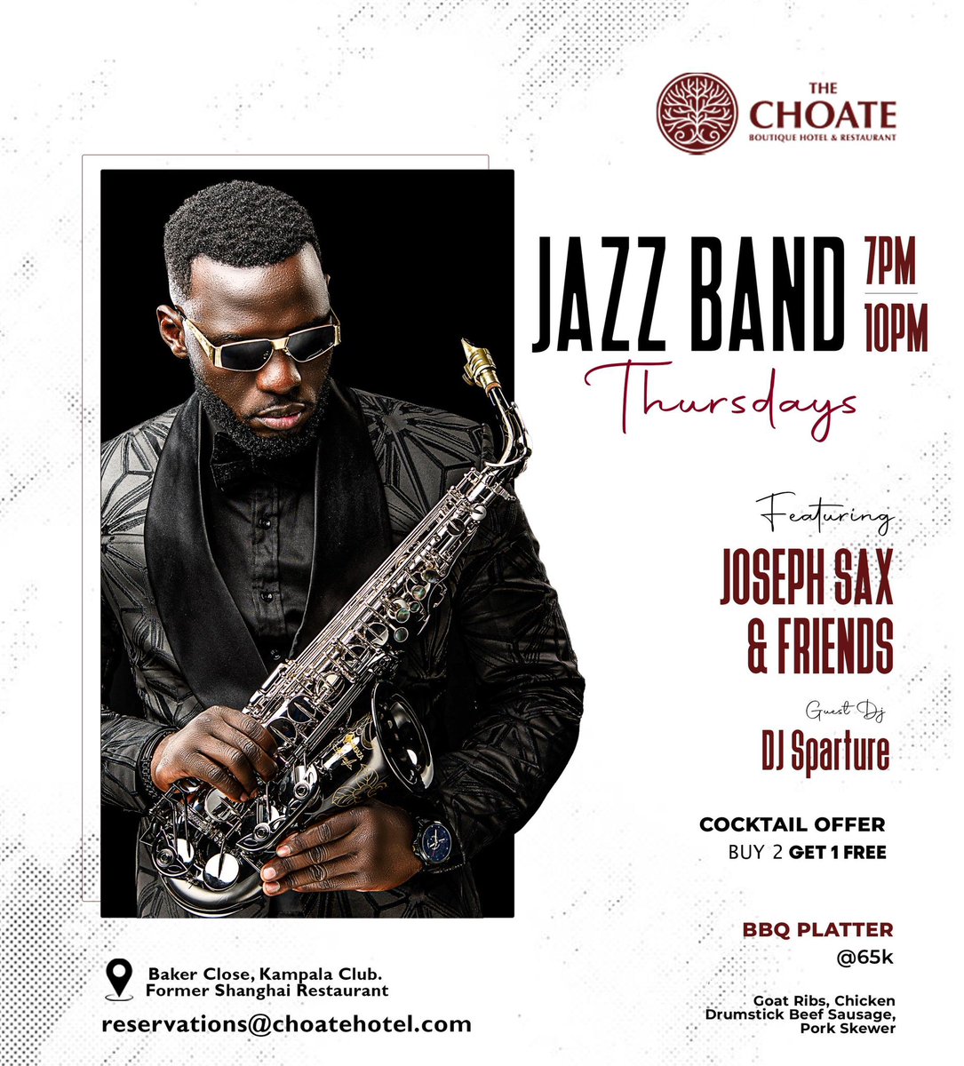 The Choate Boutique Hotel & Restaurant (@thechoatehotel) on Twitter photo Thinking of doing something different this Thursday?
We’ve got live jazz, good food, and the perfect vibe waiting for you at The Choate. 🎷
<a href="/kjosephsax/">Joseph Sax</a> will be doing what he does best you just need to show up.
⏰: 7 PM - 10PM
📞 Call 0745888000
#TheChoateKla #JazzBandThursdays Thinking of doing something different this Thursday?
We’ve got live jazz, good food, and the perfect vibe waiting for you at The Choate. 🎷
<a href="/kjosephsax/">Joseph Sax</a> will be doing what he does best you just need to show up.
⏰: 7 PM - 10PM
📞 Call 0745888000
#TheChoateKla #JazzBandThursdays