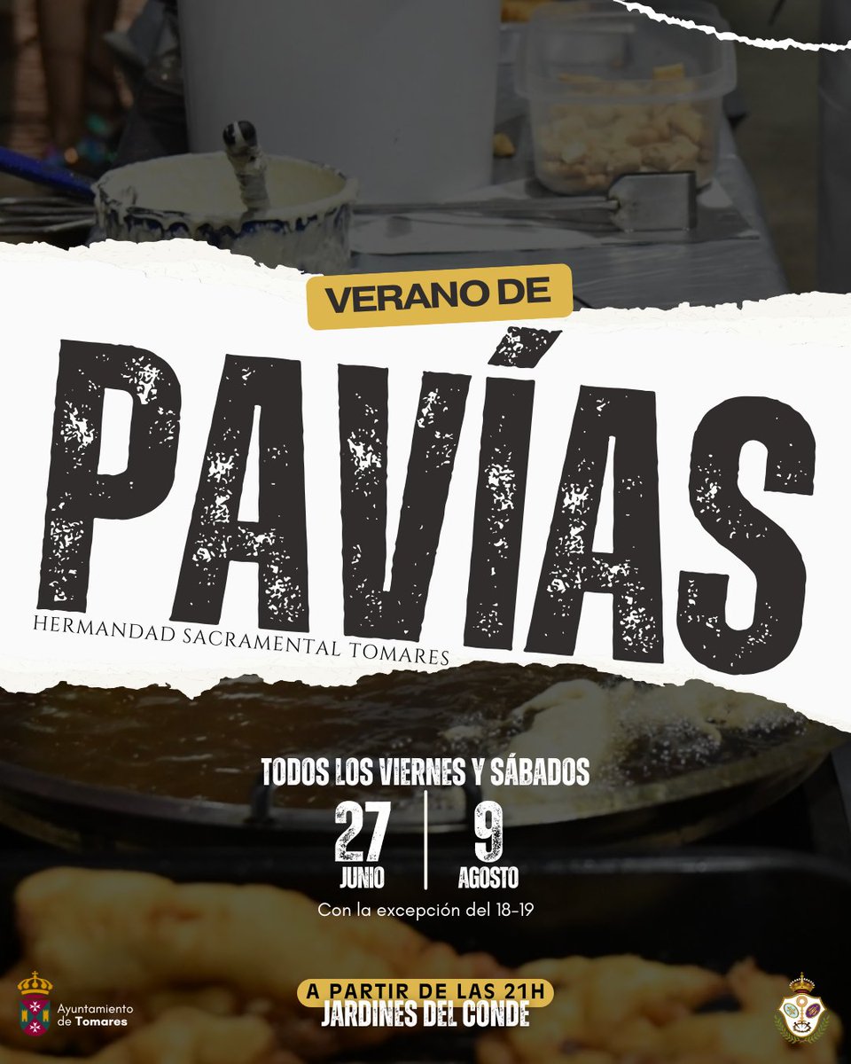 𝙇𝘼𝙎 𝙋𝘼𝙑𝙄𝘼𝙎

🍤 ¡Quinto fin de semana de Las Pavías!

🕒 Mañana, viernes 1 de agosto, desde las 21:00h. hasta las 00:00h.

📍Jardines del Conde (c/De la Fuente, 8).

🙌🏻 ¡Ven y colabora con tu Hermandad!

📲 #SacramentalTomares