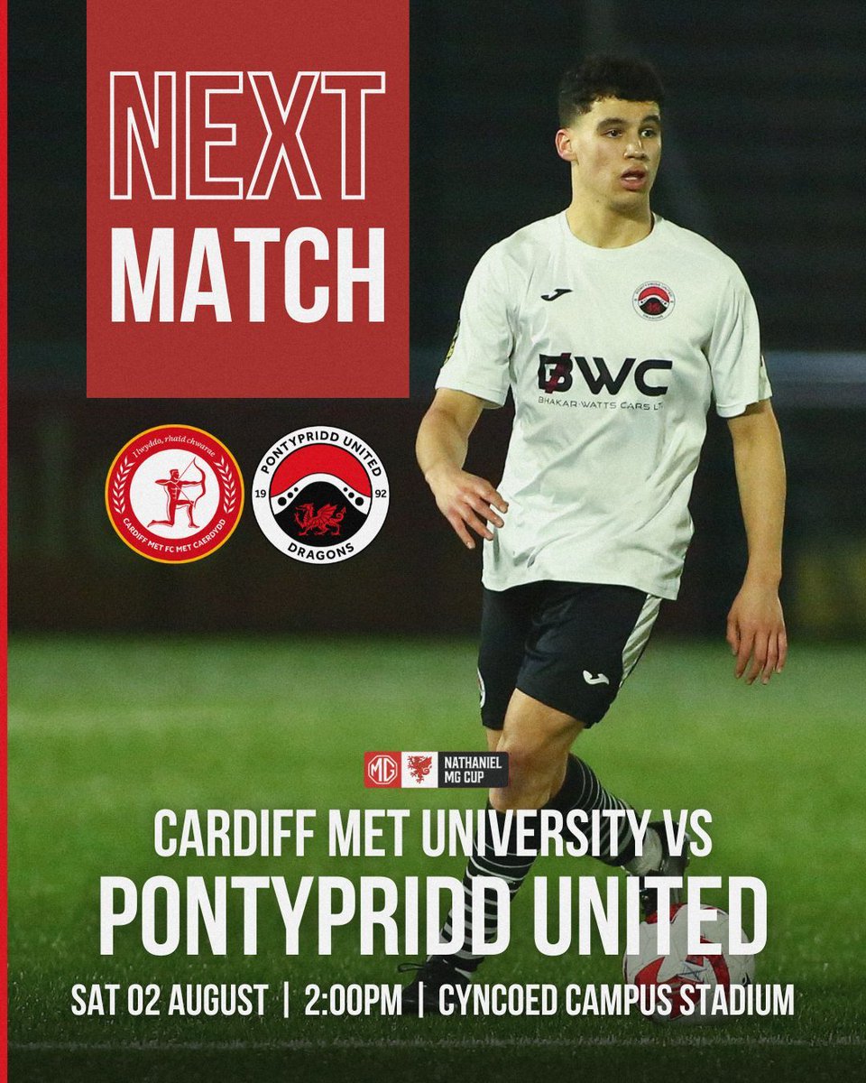 𝐍𝐄𝐗𝐓 𝐔𝐏 🔜

<a href="/CardiffMetFC/">Cardiff Met Football Club</a> 🆚 Pontypridd United

📅 Saturday 2nd August
⏰ 2:00PM
🏟 Cyncoed Campus Stadium
📍 CF23 6XD

We take on JD Cymru Premier opposition this Saturday as we return to action in the second round of the #NathanielMGCup 🏆

#OneClub #WeAreUnited