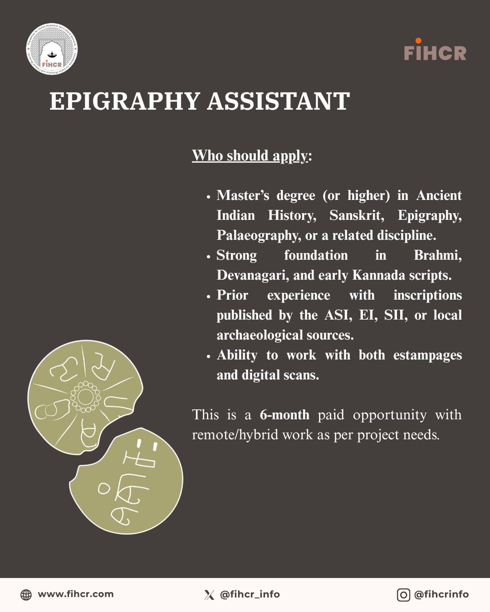 We're hiring!
Join FIHCR's landmark project on early Karnataka history as an Epigraphy Assistant (6-month, paid, remote/hybrid). Work with inscriptions in Prakrit, Sanskrit &amp; Kannada. Apply by Aug 10: forms.gle/dcbN916QmF3sTm…