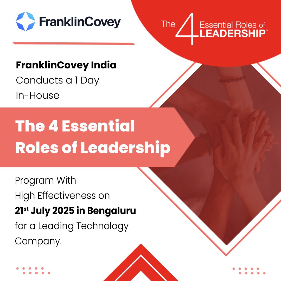 FranklinCovey_I's tweet image. FranklinCovey India conducts a 1 day in-house The Essential Roles of Leadership Program with high effectiveness on 21st july 2025 in Bengaluru for a leading technology company.
#leadership #onlineprogram #Leaders