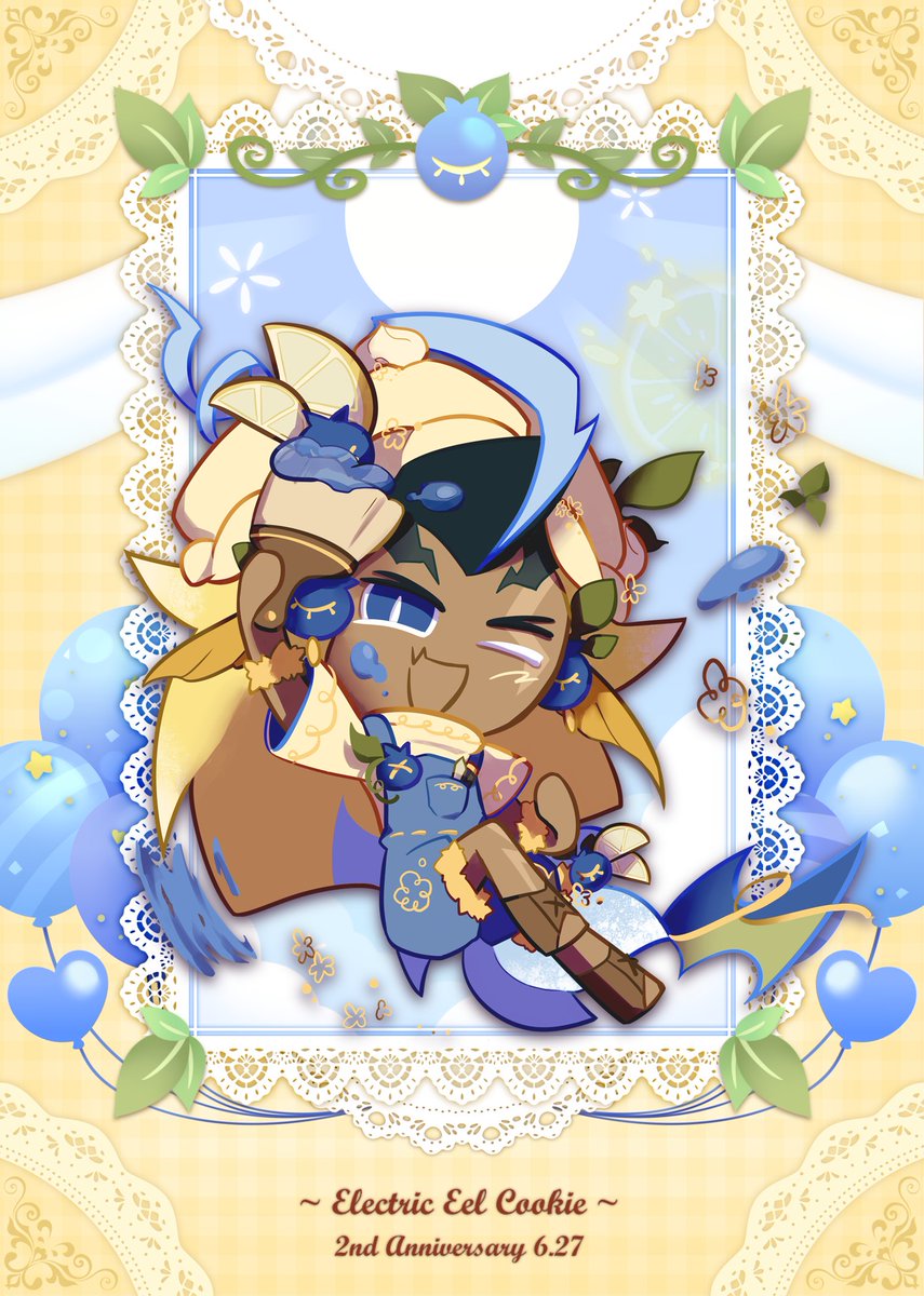 💙电鳗饼干⚡的2周年「柠檬蓝莓生日蛋糕装」🍋🫐💛
🎂Electric Eel Cookie 2nd Anniversary Costume Design - "Lemon Blueberry Birthday Cake"🎂

#cookierun #cookierunovenbreak 
#cookierunfanart #쿠키런 #electriceelcookie