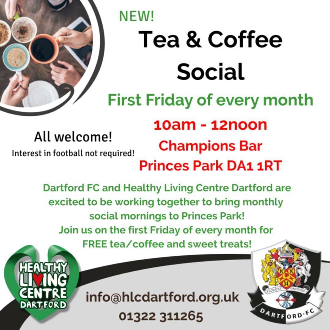 Dartford FC and the Healthy Living Centre Dartford are excited to be working together to bring monthly social mornings to Princes Park!

Join us on the first Friday of every month 10am to 12pm for FREE tea/ coffee and sweet treats!