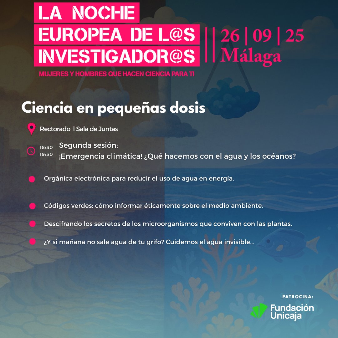 UMA Divulga (@umadivulga) on Twitter photo 💧 ¿Qué hacemos con el agua y los océanos? ¿Cómo reducir en consumo de agua o informarnos éticamente sobre el medio ambiente? #NIGHTSpain <a href="/FDescubre/">Fundación Descubre</a> @ <a href="/IHSM_CSIC_UMA/">IHSM La Mayora</a>
📍Reserva tu plaza l 18:30 Sala de Juntas Rectorado <a href="/InfoUMA/">Universidad de Málaga</a>
ℹ️…osinvestigadores.fundaciondescubre.es/actividades/ci…
• Patrocina <a href="/FundUnicaja/">Fundación Unicaja</a> 💧 ¿Qué hacemos con el agua y los océanos? ¿Cómo reducir en consumo de agua o informarnos éticamente sobre el medio ambiente? #NIGHTSpain <a href="/FDescubre/">Fundación Descubre</a> @ <a href="/IHSM_CSIC_UMA/">IHSM La Mayora</a>
📍Reserva tu plaza l 18:30 Sala de Juntas Rectorado <a href="/InfoUMA/">Universidad de Málaga</a>
ℹ️…osinvestigadores.fundaciondescubre.es/actividades/ci…
• Patrocina <a href="/FundUnicaja/">Fundación Unicaja</a>