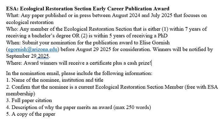 Dr. Elise Gornish (@restorecal) on Twitter photo If you are a member of the Ecological Restoration Section of <a href="/ESA_org/">Ecological Society</a> (its $5 to join!) and are early career, nominate yourself or a friend for our early career publication award! Cash prizes! If you are a member of the Ecological Restoration Section of <a href="/ESA_org/">Ecological Society</a> (its $5 to join!) and are early career, nominate yourself or a friend for our early career publication award! Cash prizes!