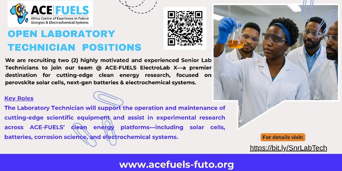 Africa Higher Ed. Centers of Excellence-ACE Impact (@the_aceproject) on Twitter photo .<a href="/AceFuelsFUTO/">ACE in Future Energies & Electrochemical Systems</a> ElectroLab X is seeking experienced Lab Technicians to work on cutting-edge solar, battery & materials tech. Ready to power the future?
Apply now: bit.ly/SnrLabTech
#STEMJobs #CleanEnergy #LabTechnician #ACEFUELS #ElectroLabX #ACEImpact .<a href="/AceFuelsFUTO/">ACE in Future Energies & Electrochemical Systems</a> ElectroLab X is seeking experienced Lab Technicians to work on cutting-edge solar, battery & materials tech. Ready to power the future?
Apply now: bit.ly/SnrLabTech
#STEMJobs #CleanEnergy #LabTechnician #ACEFUELS #ElectroLabX #ACEImpact