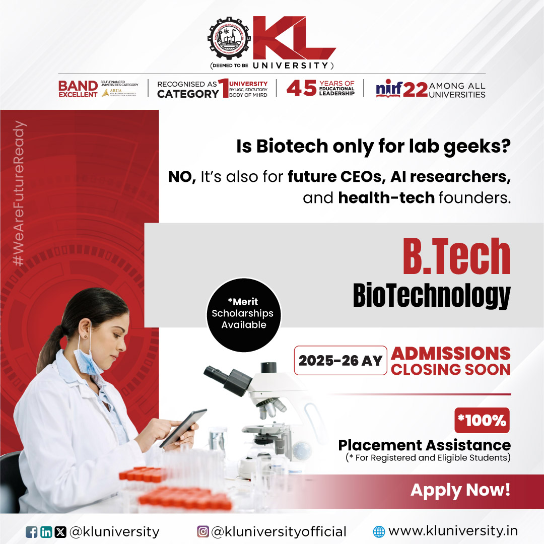 kluniversity's tweet image. Explore the future of science with B.Tech Biotechnology at KLU.
Blend biology and engineering through research, labs, and projects to drive innovation in health and sustainability

kluniversity.in/admissions-202…

#KLU #btechbiotechnology #biotechnologyadmissions