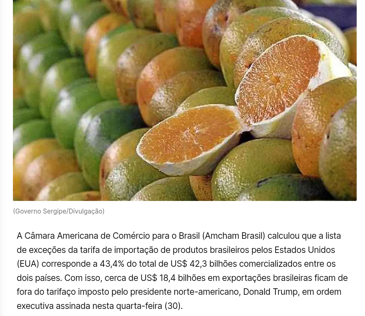 Exceções do tarifaço representam 43,4% do valor exportado aos EUA.

Câmara Americana de Comércio calcula US$ 18,4 bi em produtos poupados.
<a href="/agenciabrasil/">Agência Brasil</a>