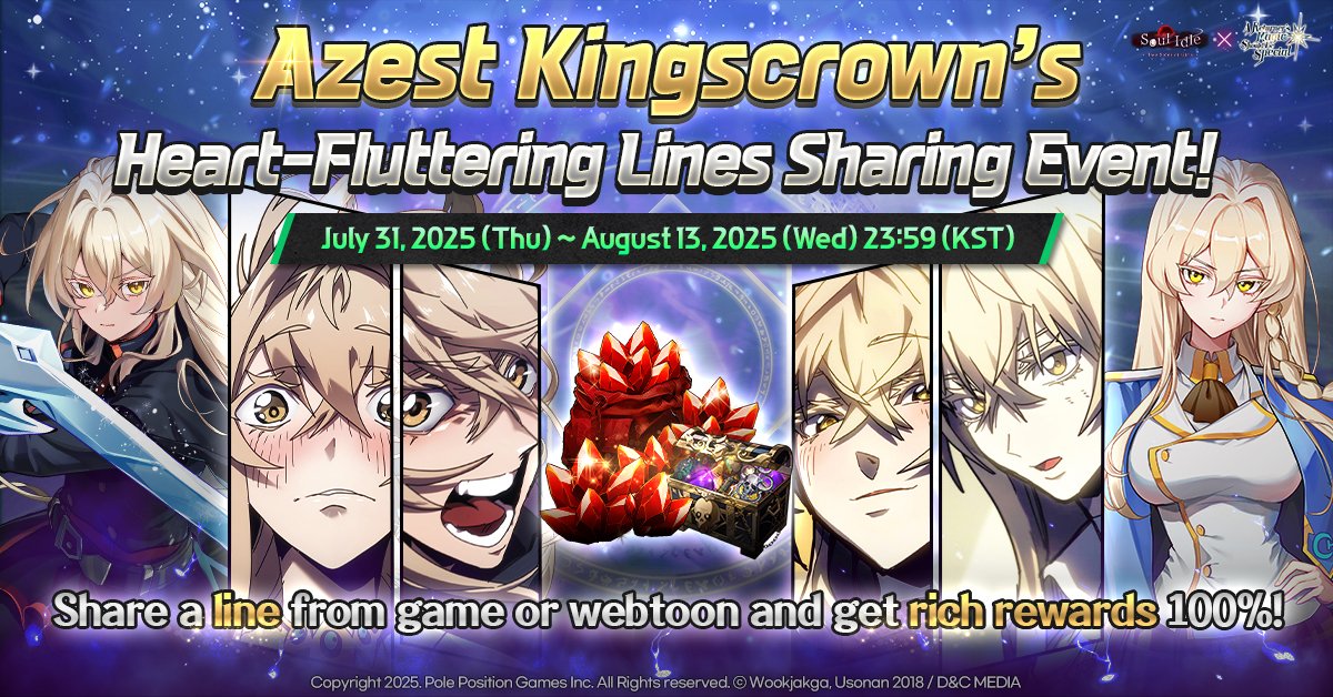 SoulIdleGirls's tweet photo. Azest Kingscrown has joined the adventure! 🤗

Gacha Azest and share her lines from the webtoon or Soul Idle game on the Discord forum to receive abundant prizes! 🎁

Check the official Discord for more details 
▶ https://t.co/h5AEujNMYt
#event #collab #Soulidle #webtoon #manhwa https://t.co/N90Um4bIed