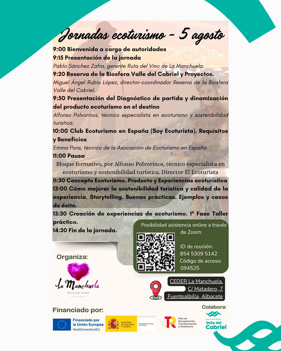 RVCabriel's tweet photo. ¡Todo listo para las Jornadas de Ecoturismo en La Manchuela!

Asistencia presencial o por Zoom (¡escanea el QR del cartel!)
Una oportunidad perfecta para profesionales del turismo, emprendedores del territorio o amantes de la naturaleza 

📌 Inscríbete y forma parte del cambio. https://t.co/h5idDiDNsx