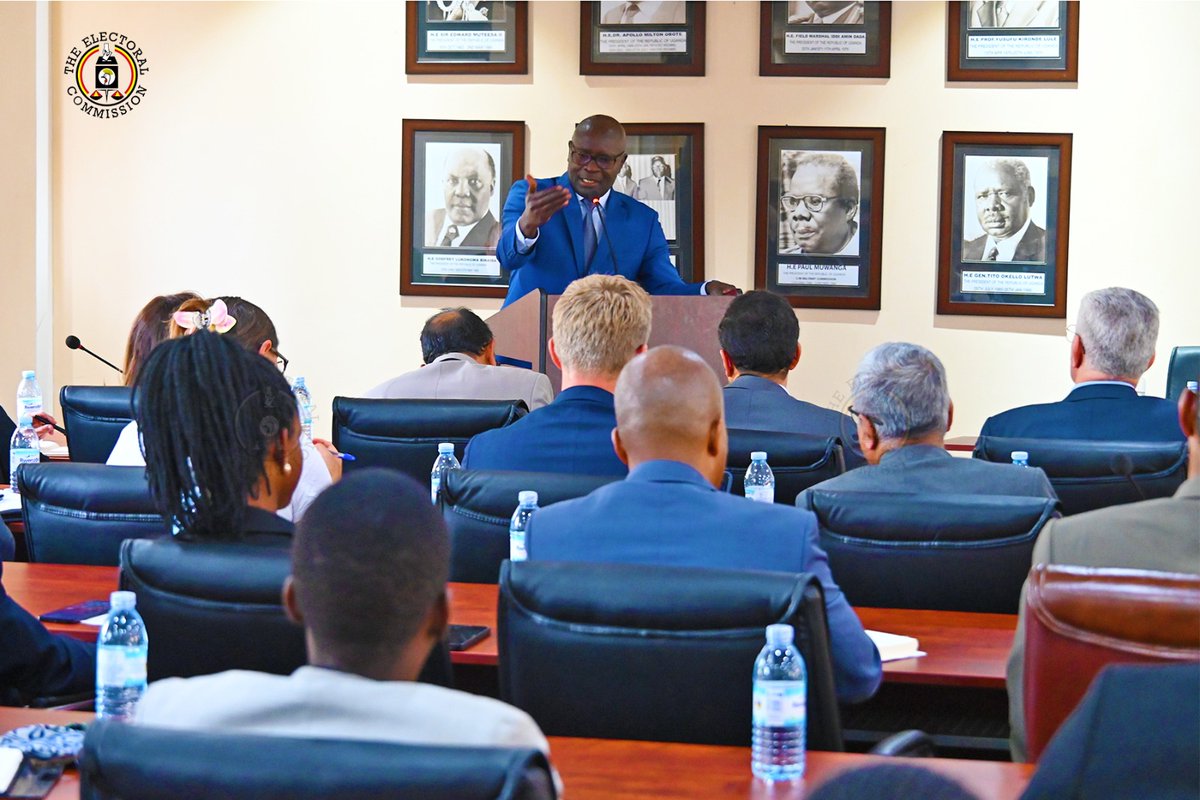 UgandaEC's tweet photo. The Commission today interacted with Ambassadors and Heads of Diplomatic Missions accredited to Uganda to brief them about preparations for the 2025/2026 General Elections.

At the meeting which took place at the Ministry of Foreign Affairs in Kampala, the Chairperson of the Commission, Justice Byabakama Mugenyi Simon, updated the envoys about some of the milestones already achieved under the Election Roadmap, and the next steps towards polling early next year.