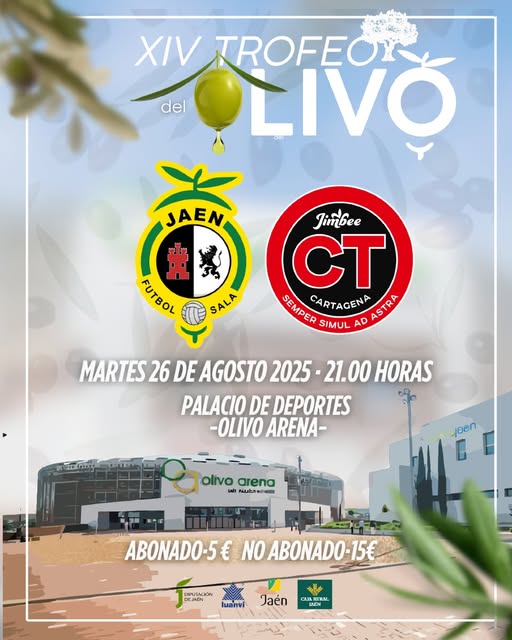 IFEJA FERIAS JAEN (@feriasjaen) on Twitter photo 🔥¡Regresa el clásico del verano!
🏆XIV Trofeo del Olivo
🆚 <a href="/JaenFS/">Jaén Paraíso Interior FS</a> vs <a href="/JimbeeCartagena/">Jimbee Cartagena Costa Cálida</a>
📅26/08 |🕘21 h
📍#OlivoArena
🎟️ Entradas:
📌 Sede del club
🌐 Online:
-Abonados: zona abonado
-No abonados: jaenfs.clibomanager.com
💶 Precios (+g.g):
Abonados 5€ | No abonados 15€
#Ifeja 🔥¡Regresa el clásico del verano!
🏆XIV Trofeo del Olivo
🆚 <a href="/JaenFS/">Jaén Paraíso Interior FS</a> vs <a href="/JimbeeCartagena/">Jimbee Cartagena Costa Cálida</a>
📅26/08 |🕘21 h
📍#OlivoArena
🎟️ Entradas:
📌 Sede del club
🌐 Online:
-Abonados: zona abonado
-No abonados: jaenfs.clibomanager.com
💶 Precios (+g.g):
Abonados 5€ | No abonados 15€
#Ifeja