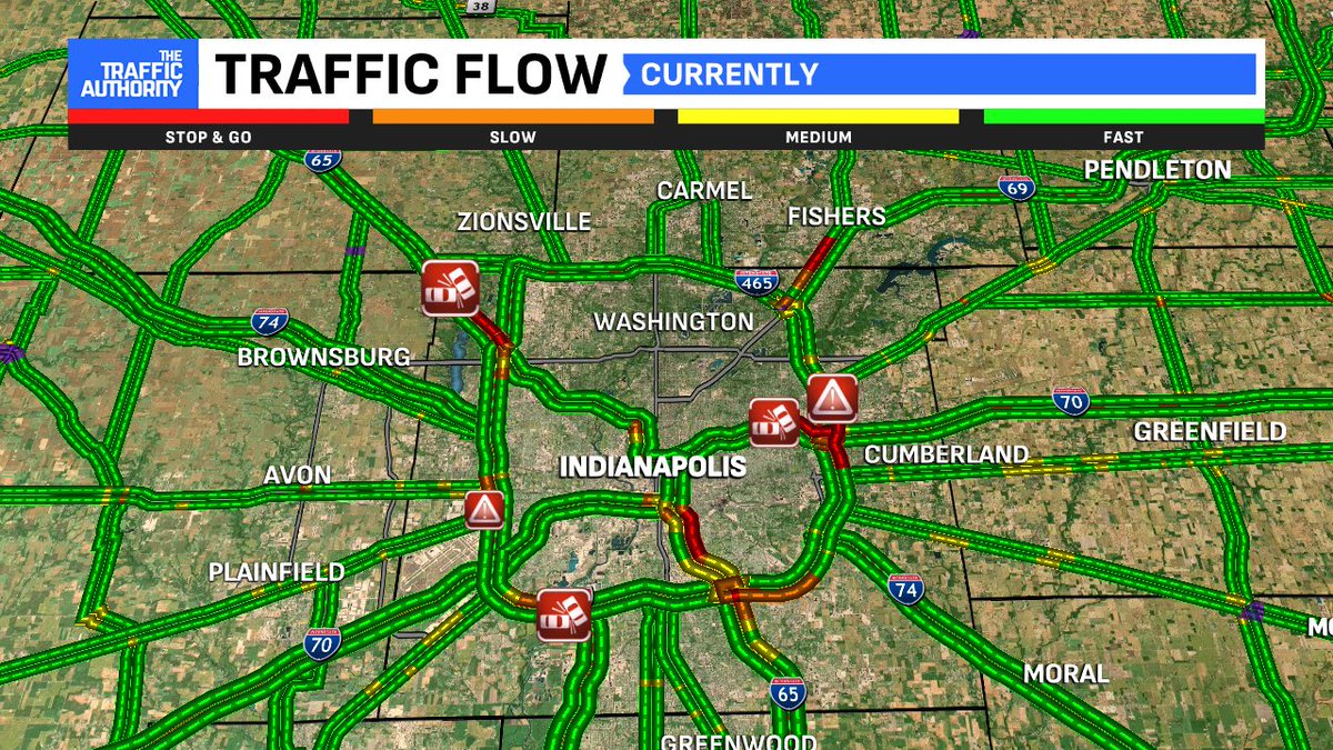 Several crashes on the interstates near the Indy metro this morning... 
   - 1. NB I-65 near W 82nd St.
   - 2. WB I-465 near Mann Rd.
   - 3. WB I-70 at Arlington Ave.
   - 4. NB I-465 near Pendleton Pike'
   - 5. Flooding SB I-465 near W Washington St.
<a href="/FOX59/">FOX59 News</a> <a href="/CBS4Indy/">CBS4 Indy</a> #INwx