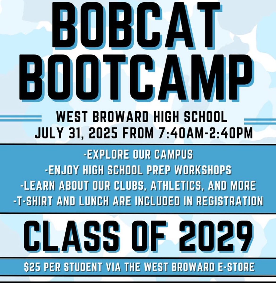 Dionne Sterling, Ed.S. (@dionnesterlingx) on Twitter photo 🎉 Attention Freshman & New Bobcats!
Join us today for Bobcat Bootcamp from 7:40 AM – 2:40 PM!
🩵 Explore clubs & sports 🏈📚🧠 Dive into fun, hands-on learning led by upperclassmen. We can’t wait to welcome you! 🐾 <a href="/WBPrincipal/">Mrs. Bristol</a> <a href="/WestBrowardHigh/">West Broward High</a> 🎉 Attention Freshman & New Bobcats!
Join us today for Bobcat Bootcamp from 7:40 AM – 2:40 PM!
🩵 Explore clubs & sports 🏈📚🧠 Dive into fun, hands-on learning led by upperclassmen. We can’t wait to welcome you! 🐾 <a href="/WBPrincipal/">Mrs. Bristol</a> <a href="/WestBrowardHigh/">West Broward High</a>