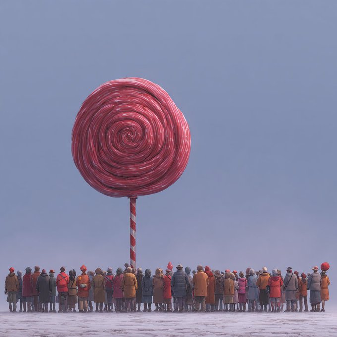 A massive red lollipop with a crowd queuing in front of it on a snowy plain