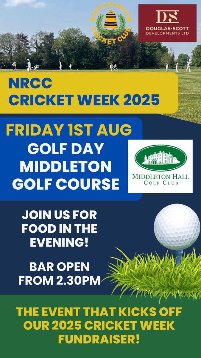 NorthRunctonCC's tweet image. Cricket Week 2025 starts on Friday with our Golf Day! ⛳️ 

Keep your eyes peeled for daily events, all of which will be posted here! 

Sponsored by Douglas-Scott Developments Ltd